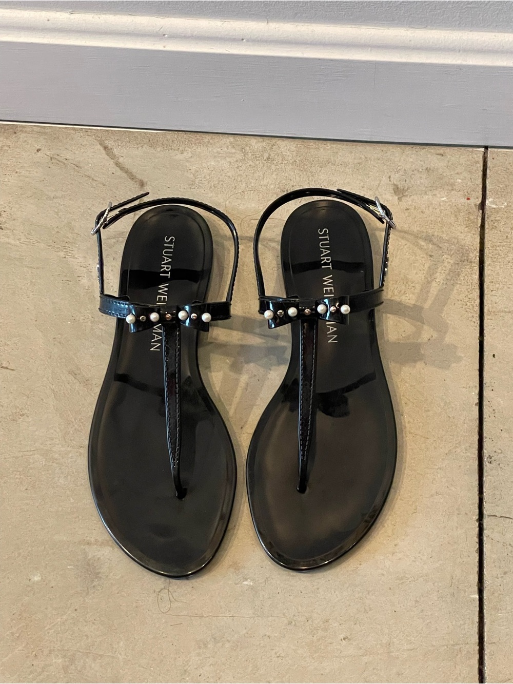 Stuart Weitzman Bow Pearl T-Strap Jelly Sandals